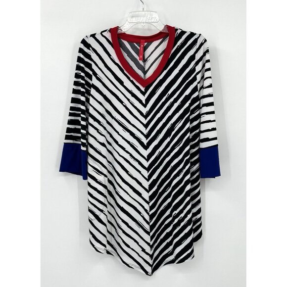 IC BY CONNIE K shirt top tunic striped knit 3/4 sleeve pockets v neck LARGE - Picture 2 of 9